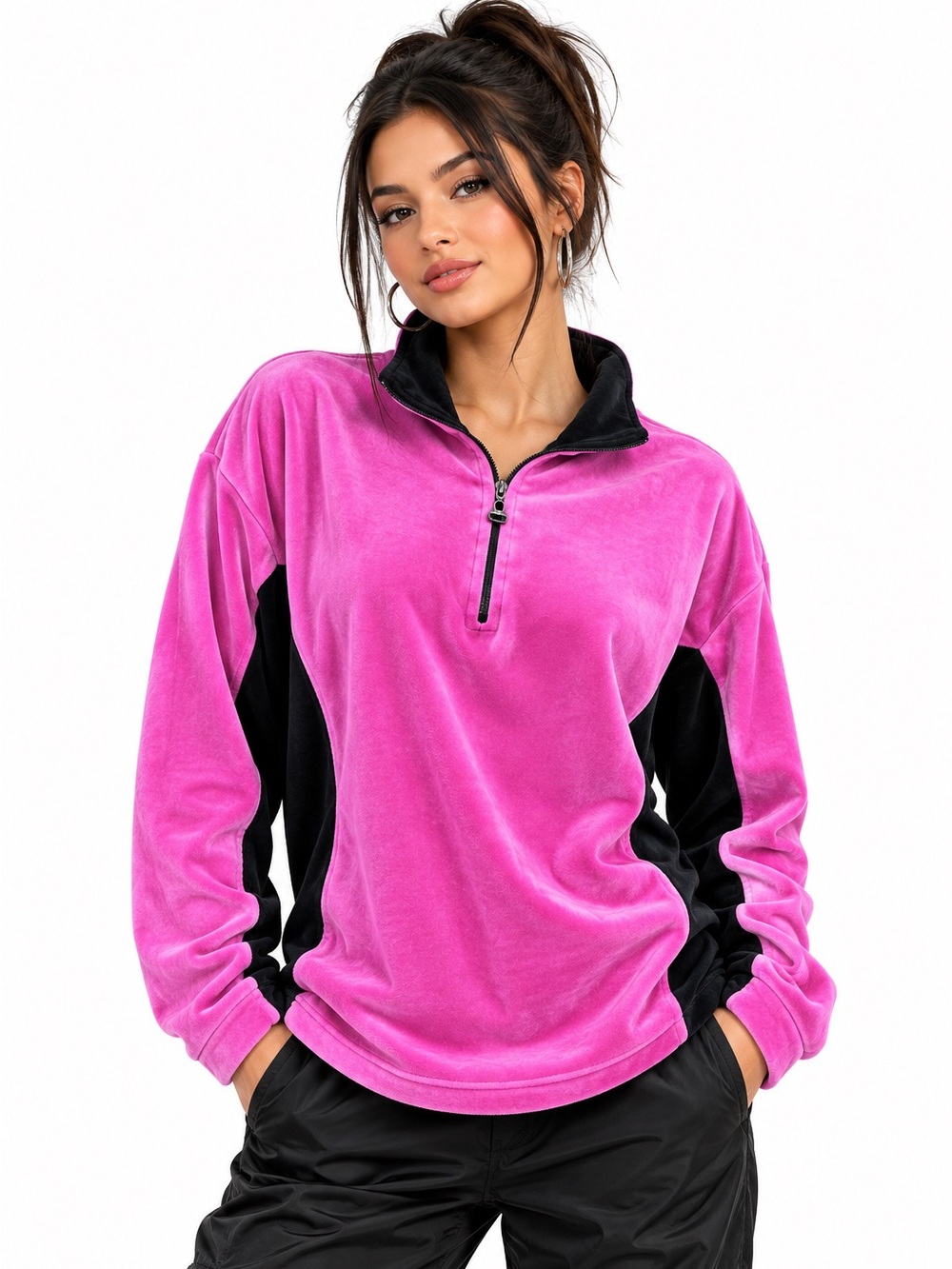 Blast Retro Pink and Black Half-Zip Pullover Velour Athleisure Sweater